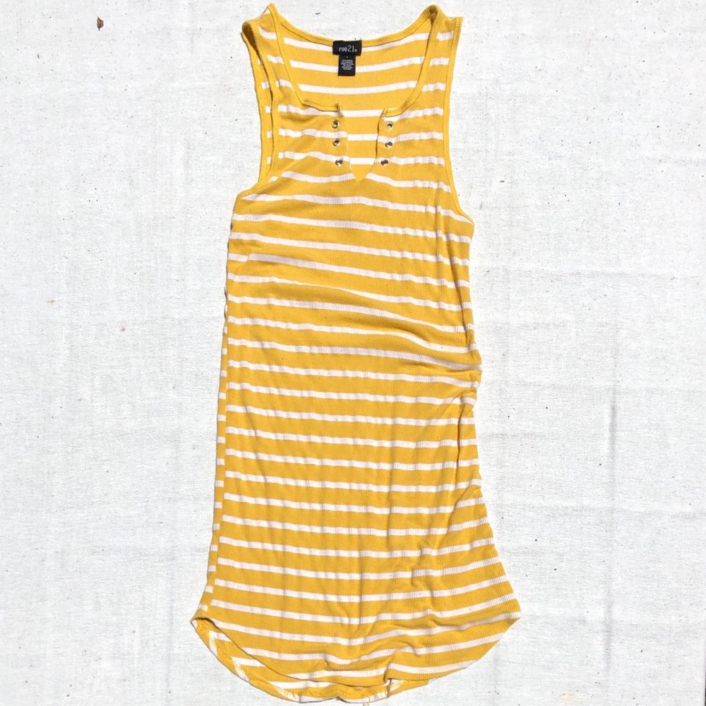 Rue 21 Yellow & White Striped Midi Dress w/ V Cut!